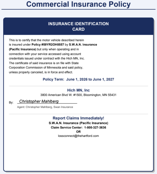 HICH Commercial Insurance Policy certificate (expires June 2027)