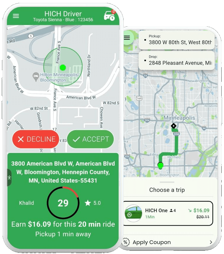 HICH ride booking screen